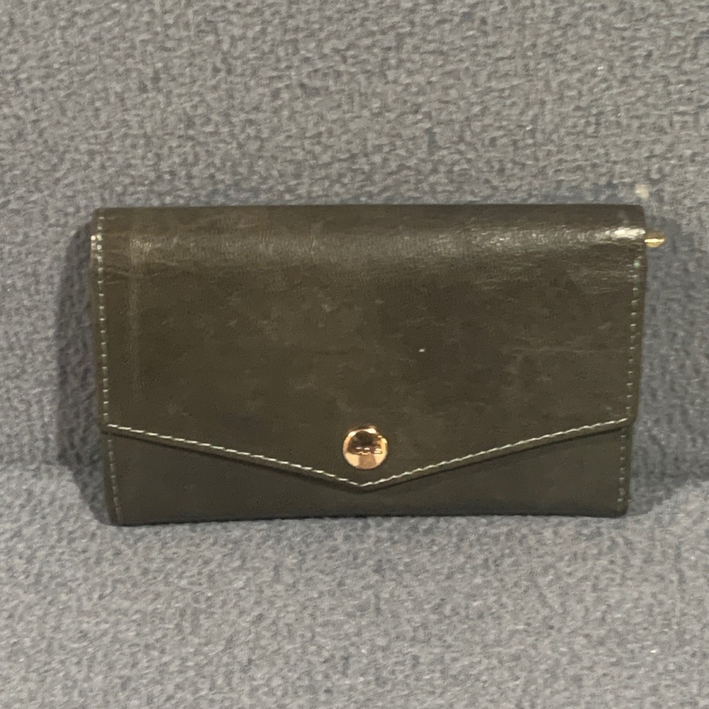 LODIS Monica Large Flap Leather Wallet Dark Olive Green Gold Hardware Womens
